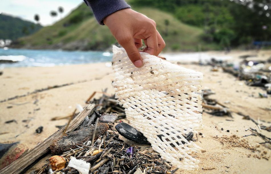 En hånd som rydder plastsøppel fra en strand